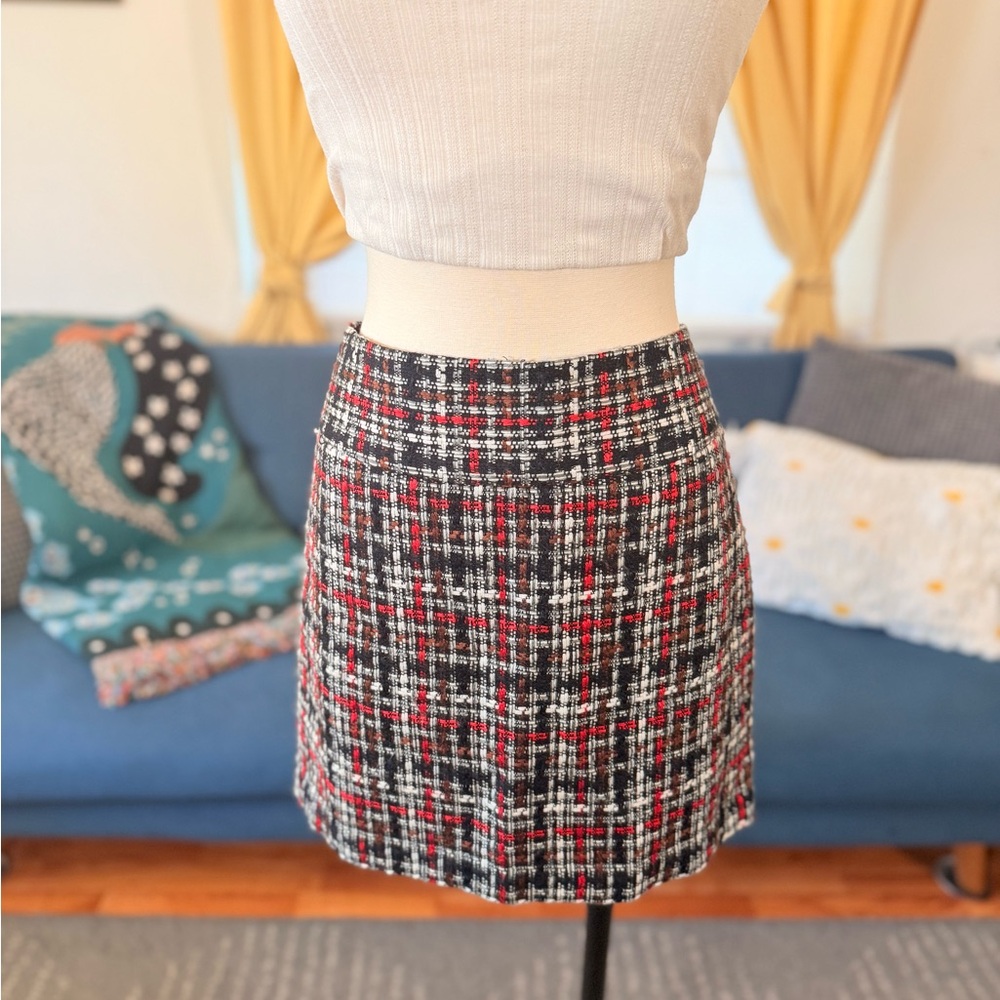 Black, Red, White Plaid Tweed Office Skirt